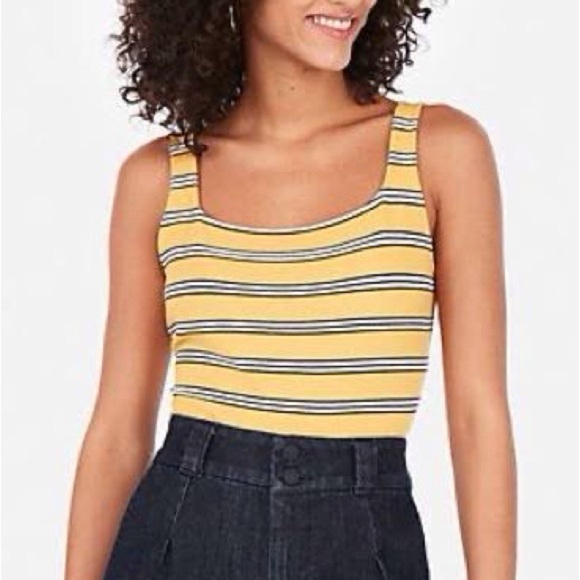 Express Women XS Yellow Striped Ribbed Square Neck Sleeveless Tank Bodysuit - Picture 1 of 10